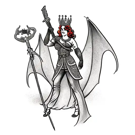 Women In Dress Holding A Crown And Fighting A Dragon With A Sword