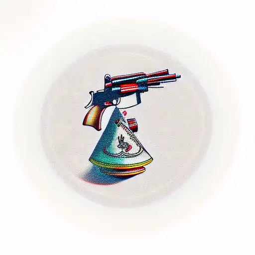 A Traditional Tattoo Of A Vintage Gun Surrounded By Children's Toys Like A Spinning Top And A Doll