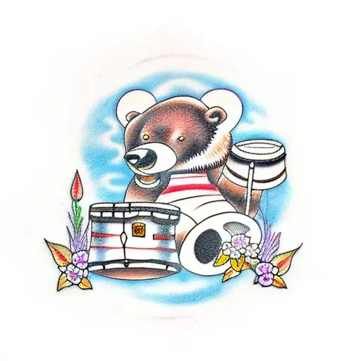 A Traditional Tattoo Of A Bear Playing A Drum Set Made Of Flowers
