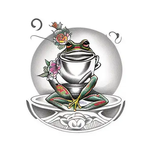 A Traditional Tattoo Design Of A Frog Prince Sitting On A Coffee Cup Surrounded By Floral Motifs