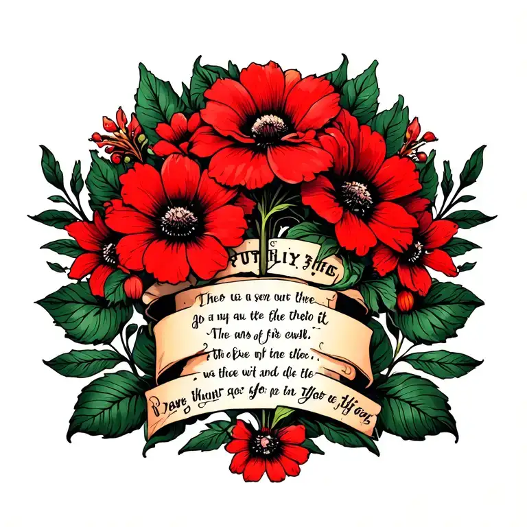 Spine Tattoo With Red Flowers With A Meaningful Quote Down The Middle