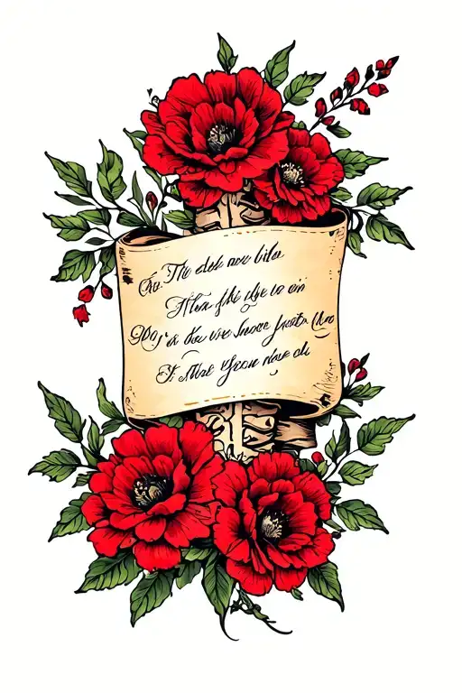 Spine Tattoo With Red Flowers With A Meaningful Quote Down The Middle