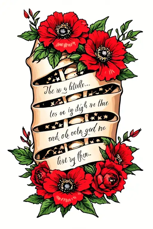 Spine Tattoo With Red Flowers With A Meaningful Saying Down The Middle