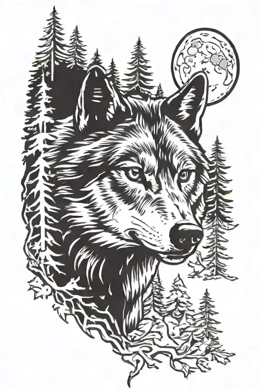 Wolf Head Above Forest Scene
