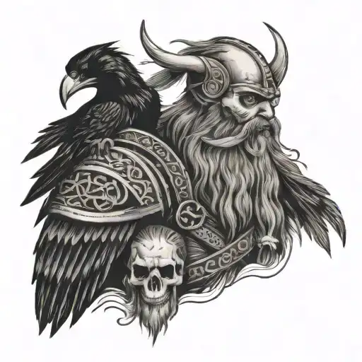A Viking With Skulls And Raven On Forearms