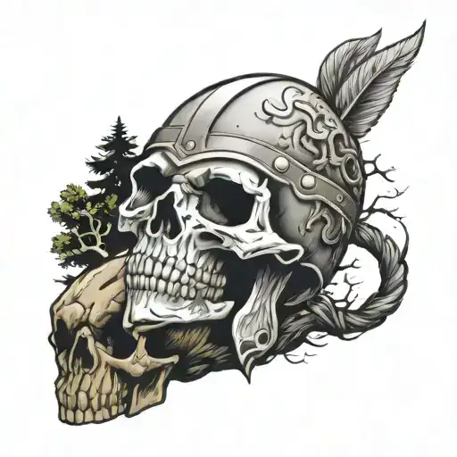 Skull Wearing Viking Helmet Surrounded By Rocks And Trees