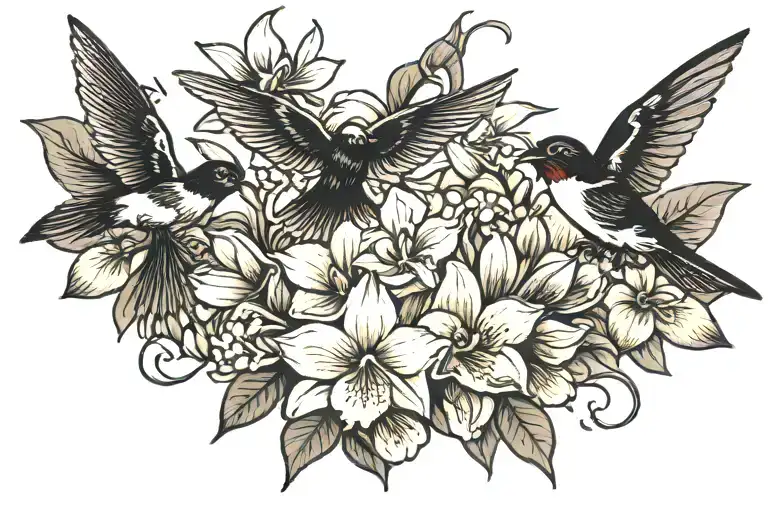 3 Swallows And 1 Orchid