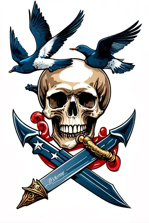 Navy Anchor With Large Skull Holding Knife And Swallows Flying