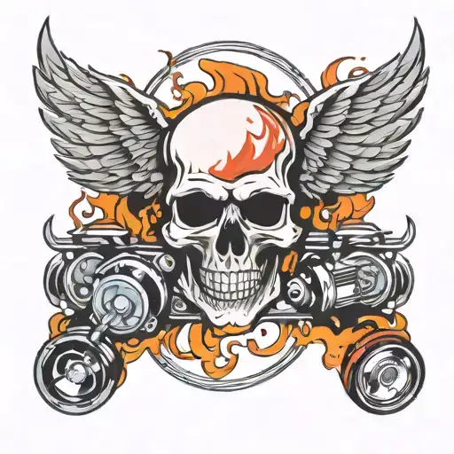 Tattoo Skull Flame Wings Pistons