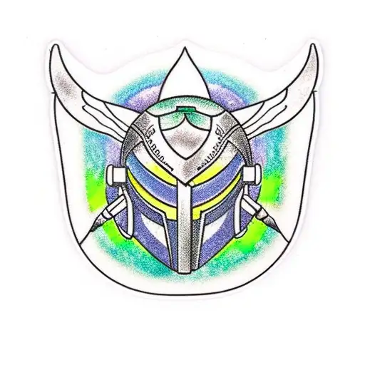 Stained Glass Window With Loki Helmet On The Green Grass With A Gradient To The Northern Lights