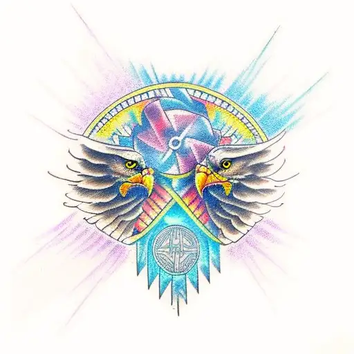 A Detailed Tattoo Of A Majestic Eagle Intertwined With Traditional Aztec Symbols