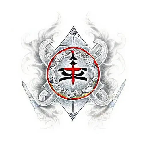 A Detailed Sword With Flames And Jiu Jitsu Symbols Intertwined