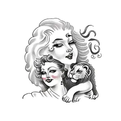 Lady Breast Feeding With Curly Hair Wiht Lion In The Back