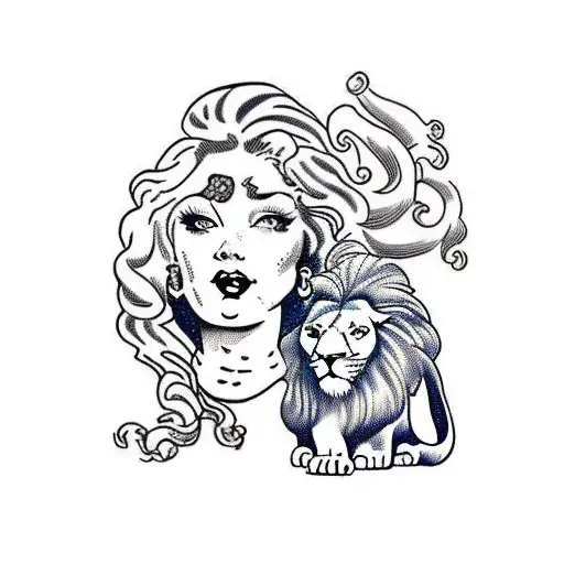 Lady With Curly Hair Wiht Lion In The Back
