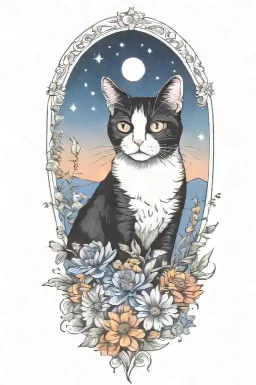 A Black And White Cat Exploring A Field Of Colorful Flowers Under A Starry Night Sky