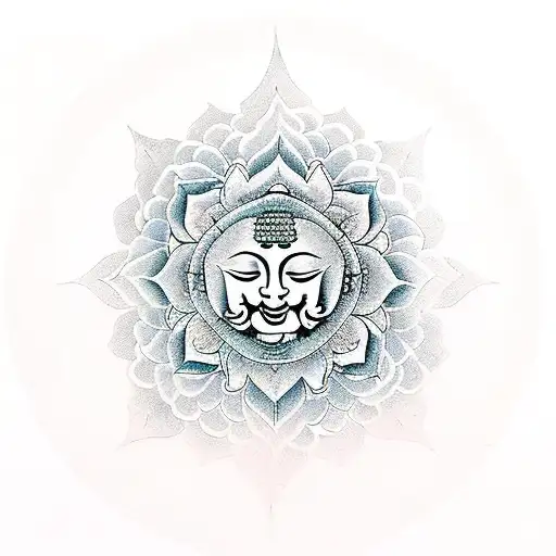 Buddha Meditating On Lotus Flower With Yin And Yang Mandala In Back