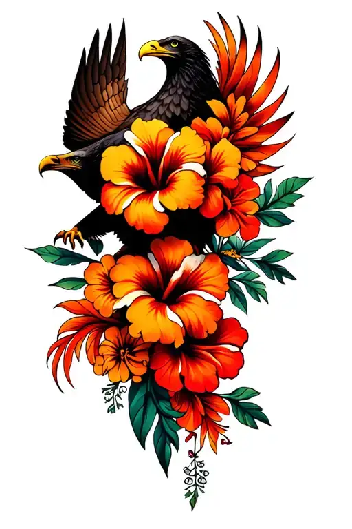 Psychedelic Hibiscus Flowers And Eagle Perched