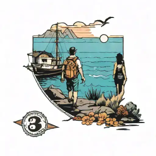 Couple Traveling Hiking Facing The Sea Looking At A Boat With Number 3 And The Sign Of Sagittarius