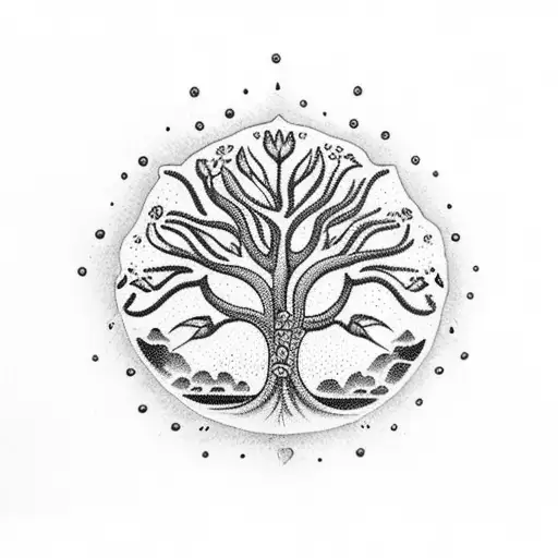 A Black And Grey Dotwork Piece Of A Tree Of Life With Flowers Representing Different Family Members