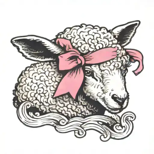 Black Sad Lamb With Pink Ribbon Attached To Its Ear