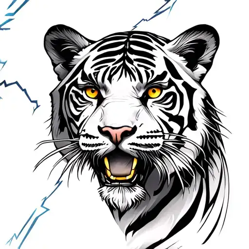 Black And White Tiger With Gold Eyes And Surrounded By Lightning