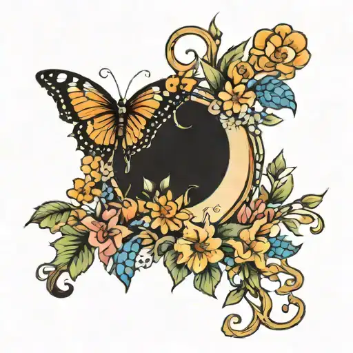 A Crescent Moon With Flowers Vines And A Small Butterfly