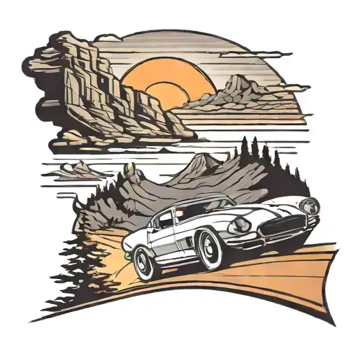 A Sleek Sports Car Driving Through A Mountain Pass With A Sunset In The Background