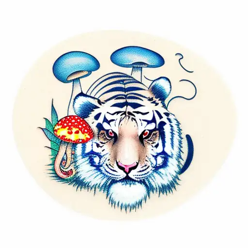 Traditional Chinese Tiger Surrounded By Mushrooms