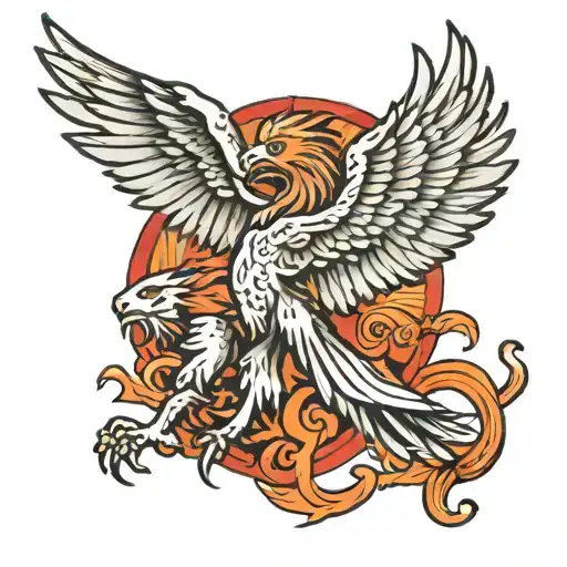 A Pheonix Flying Behind A Lion