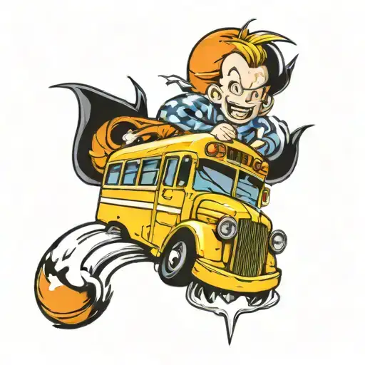 A Traditional Tattoo Of A School Bus Racing Against A Dragon Ball Z Character