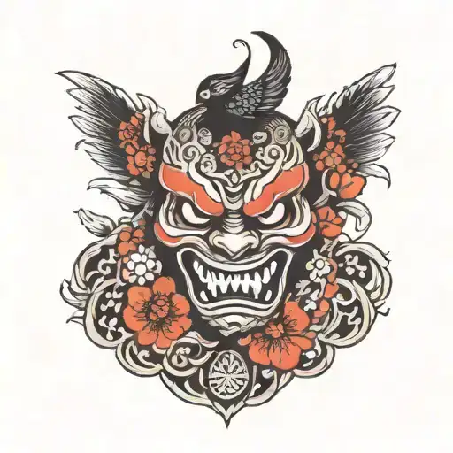 Crow Sitting On Top Of Hannya Mask