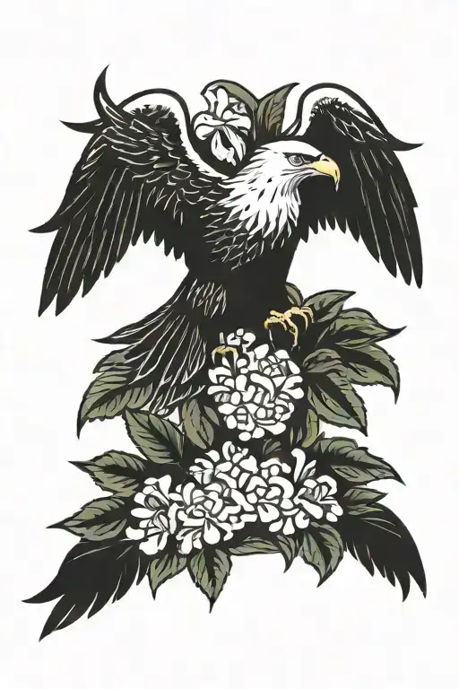 Eagle With Wings Down Holding The Mountain Laurel Flower In Claws