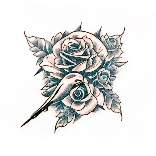 Swallow Bird With Black Roses