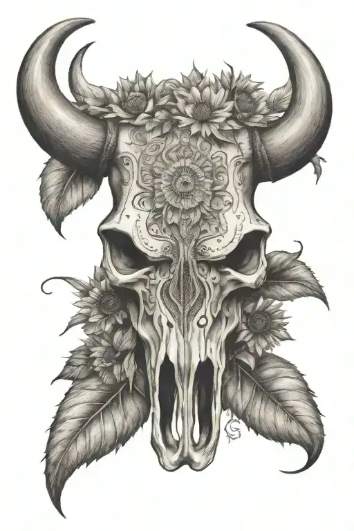A Detailed Bull Skull Adorned With Leather Tooling Patterns And Sunflowers