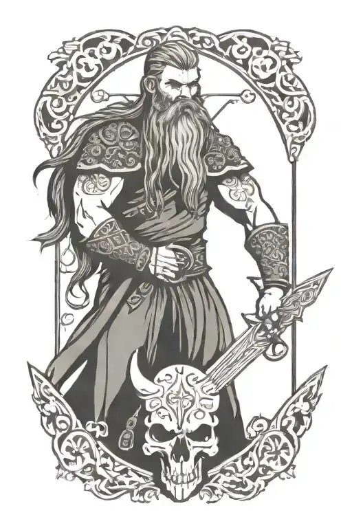 Viking With Long Hair Holdiing A Sword Surround By Skulls