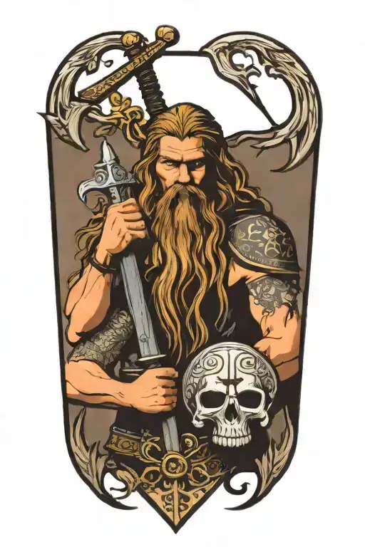 Viking With Long Hair Holdiing A Sword Surround By Skulls