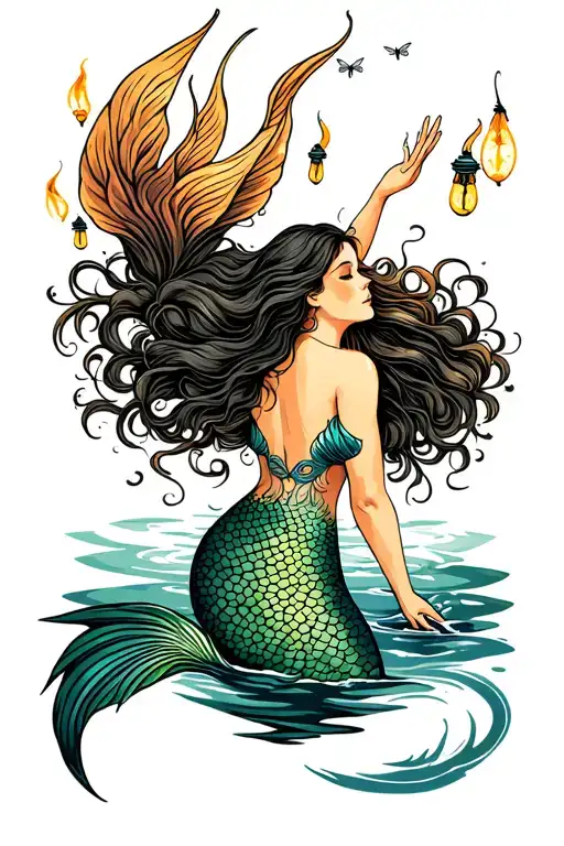 Mermaid In Water Reaching Toward Fireflies Above Her