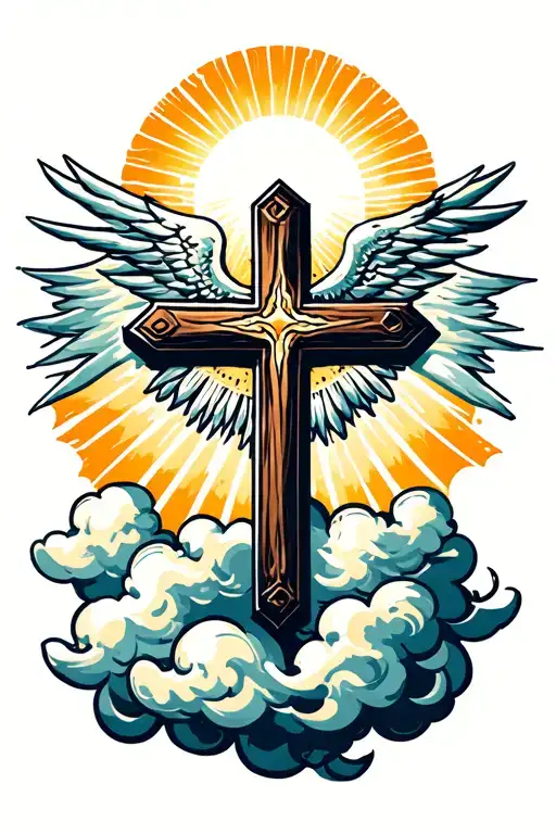 Cross With Clouds Around It And The Sun Shining Through The Clouds On Top