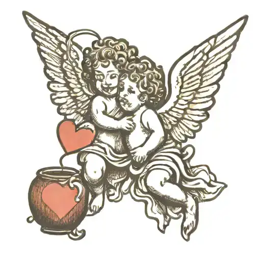 Flying Two Cherub With Hearts