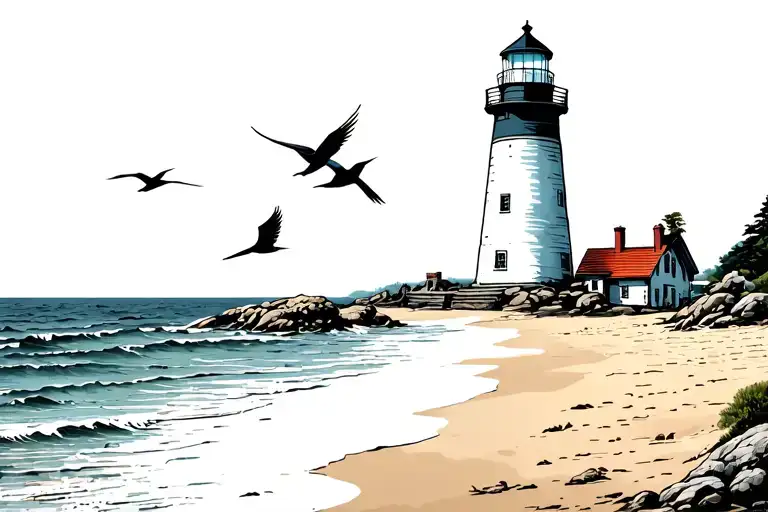 Lighthouse On The Beach With Birds