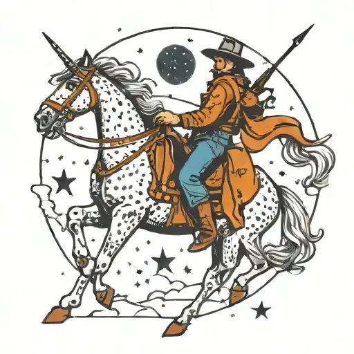 A Dotwork Tattoo Of A Cowboy Riding A Horse With The Gemini Constellation As The Night Sky