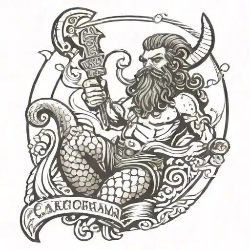 Capricorn Mermaind With Bearded Ax