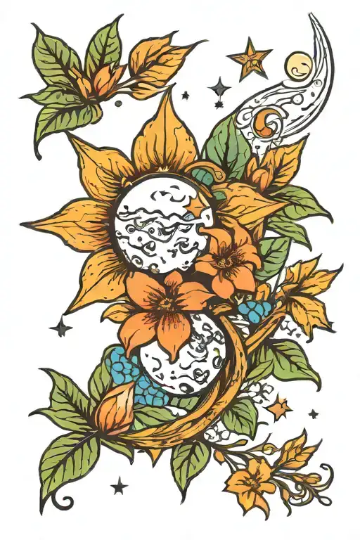 Flowers And Plants And Moon Stars And Space Background Color