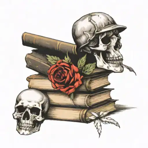 Stack Of Three Books With A Couple Red Poppy Flowers And A Skull