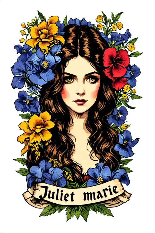 The Name Juliet Marie With A Floral Backdrop With Irises