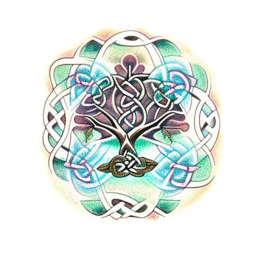 Tree With Celtic Knots And Meditation Monk