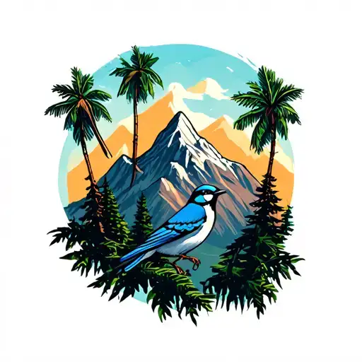 A Mountain With Some Palm Trees And A Blue Jay Bird