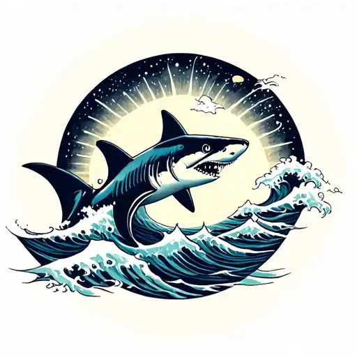 Ocean Waves Shark Emerging Sun Moon Surrounded