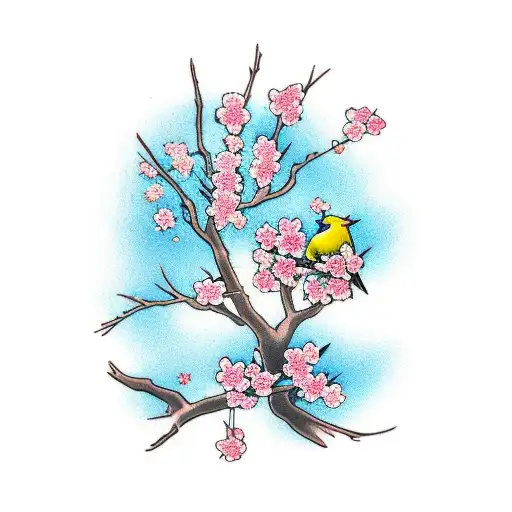 A Cherry Blossom Tree On Fire With A Little Bird On A Branch