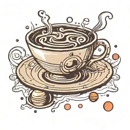 A Traditional Style Tattoo Of A Coffee Cup With Planets As Steam Coming Out